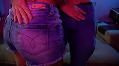 BOUNCING on his lap with jeans shorts, he came THROUGH underwear Thumb