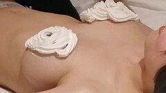 Home made amateur video: I made a cream decorated bra for my busty girlfriend'_s breasts. Thumb