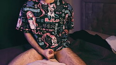 a young guy in an anime t-shirt masturbates loudly and smears his pillow with sperm. 4K VIDEO Thumb