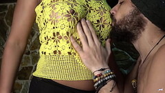 Her tits look incredible through this yellow woven blouse. Playing with her boobs n'_ cum on tit Thumb