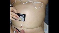 Slavetolove2 put 2 clamps on nipples with estim and dick too Thumb